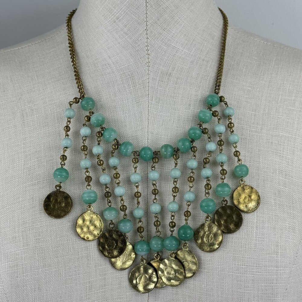 Vtg Multi-Strand Faux Jade Beaded Necklace 21" Brass Discs Art Deco Statement - Picture 1 of 9